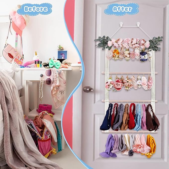Hair Bows Holder Headband Organizer for Girls,Baby Hair Accessories Organizer Hair Clips Hanger Storage with Hooks, Wall Hanging Decor for Nursery Room