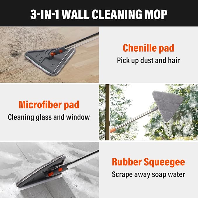 Wall mop Cleaner with 8 Replacement Pads,Wall Cleaning mop with Extension Pole 29" to 85",360° Folding Rotating Baseboard Cleaner Tool with Long Handle for Painted Walls, Window, Floor,Ceiling