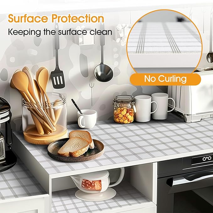 Shelf and Drawer Liner for Kitchen Cabinets Non-Adhesive, Strong Grip Non-Slip Thickened Cabinet Liners for Shelves, Waterproof Mats for Dresser Cupboard, White Square, 23 in x 10 Feet