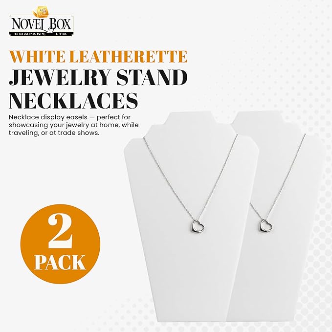 Novel Box 2 Pack White Leatherette Necklace Display Stands 8 1/4 W x 12 1/2 H Inches - Jewelry Stand Necklaces Organizer for Women - Elegant Necklace Easels for Craft Shows, Selling & Personal Use