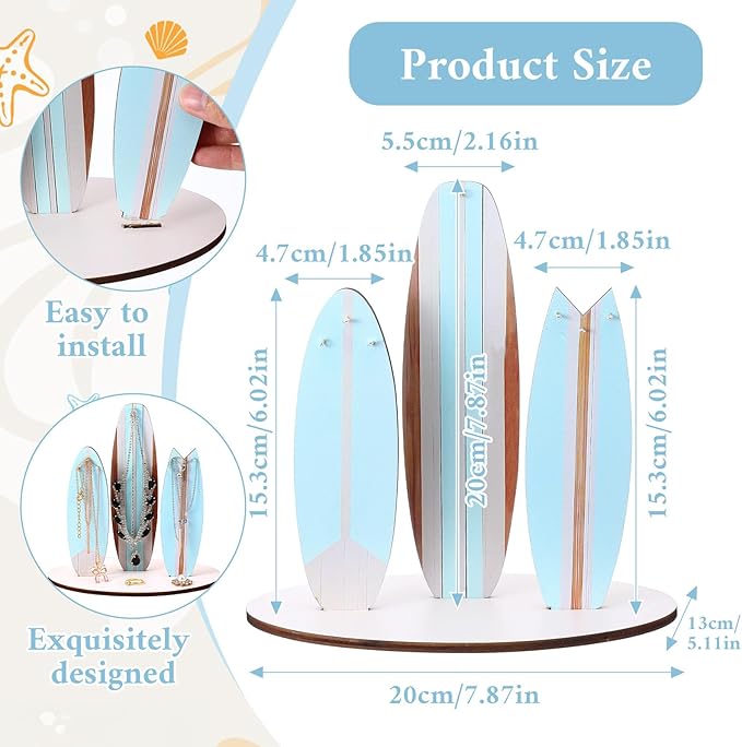 DIVINA VITAE Jewelry Organizer Stand, Cute Coastal Ocean Surfboard Decor, Preppy Beach Themed Room Decor Aesthetic, Coastal Dedroom Decoration Wooden Hawaii Surfer Gift for Teen Girls(Blue)