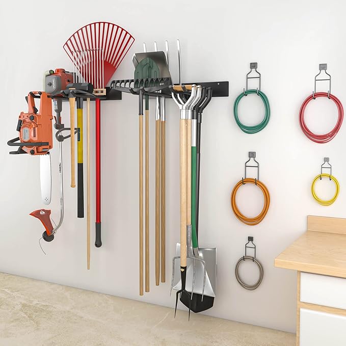Godboat Garage Storage, Garden Tool Organizer, 4 Hooks Yard Organization, Garage Shelving Wall Mount, Heavy-Duty Garage Organizer, Cool Gadgets & Gifts for Dad, Men, Fathers Day, Max Load 320 Lbs