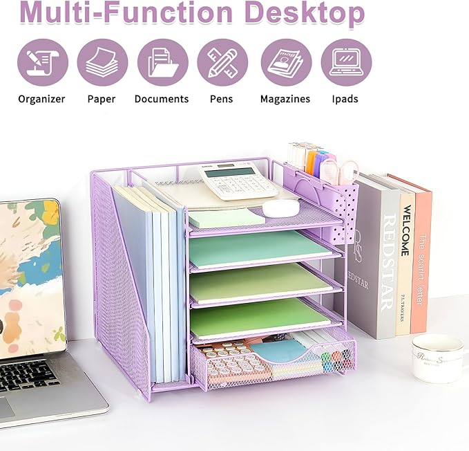 Desk Organizer with Drawer and Pen Holder, 5-Tier Paper Letter Tray Organizer with File Holder, Suitable for Workspace Organizer Office Supplies Storage (Purple)