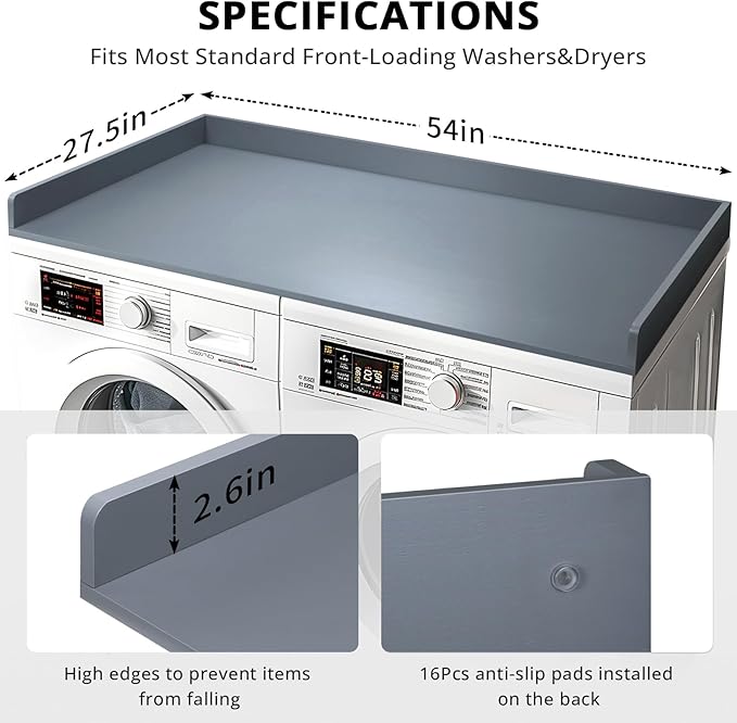 Washer Dryer Countertop, 27.5" x 54" Bamboo Washer and Dryer Countertop for Laundry Room Organization (Gray)