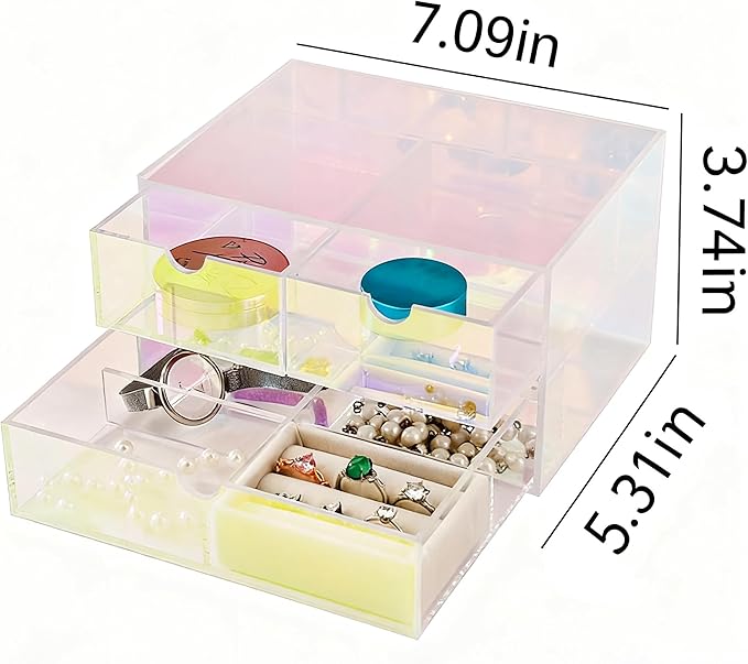 AZY Rainbow Acrylic Earring Organizer 2-Tier 3-Drawer with 6 Compartments, Multi-Purpose Vanity Countertop Organizer, Velvet Jewelry Tray for Rings, Necklaces, Makeup & Small Accessories