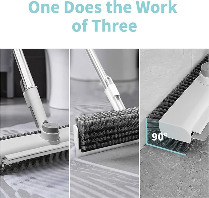 Floor Scrub Brush with Long Handle, 3 in 1 Scrape and Heavy-Duty Stiff Bristle Scrubber Brush for Cleaning Shower Bathroom, Patio, Pool, Garage, Kitchen, Wall and Deck (White, 1 Pack)
