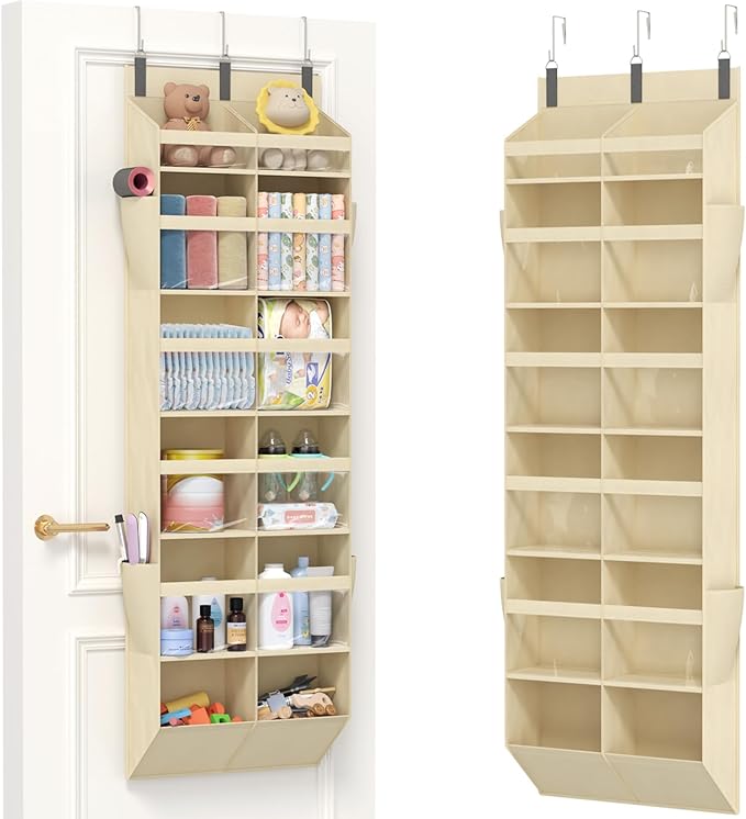 Lifewit 1 Pack Over the Door Organizer, Clear Window Hanging Storage with 4 Mesh Side Pockets, Anti Tilt 40 lbs Load Behind Door for Pantry, Nursery, Bathroom, Bedroom, Dorm, 12 Section, Beige