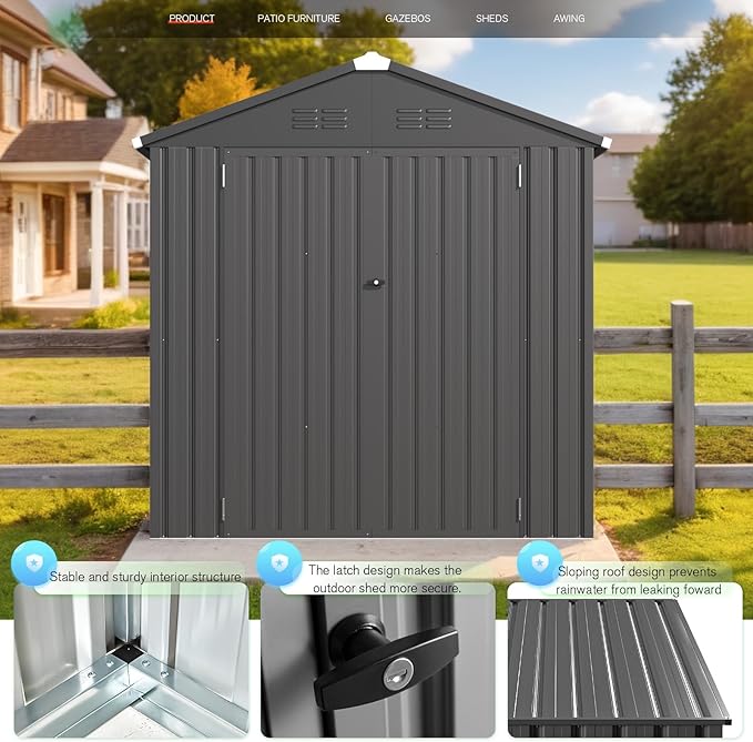 AECOJOY 6' x 4' Outdoor Storage Shed, Dark Grey 4x6 Metal Sheds & Outdoor Storage Clearance, Utility and Tool Garden Shed with Lockable Doors for Backyard, Patio, Outside Use