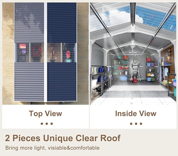10x16 FT Metal Outdoor Storage Shed with Unique Floor Base Clear Roof Window Lockable Double Door Vent Heavy Duty Reinforced Frame Waterproof Sheds for Garden Large Lawnmower Tool,Dark Grey