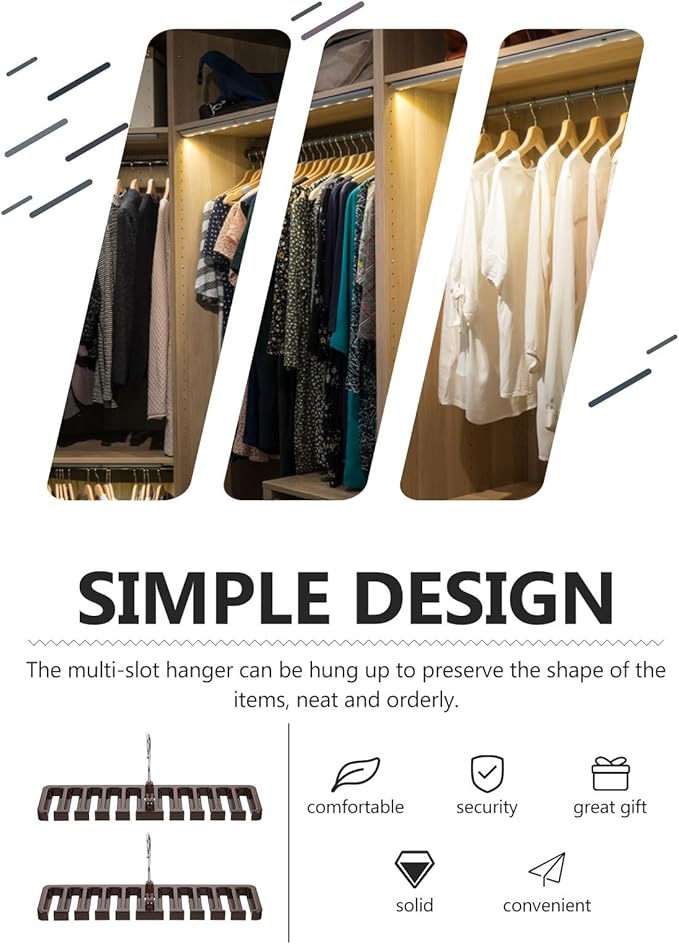 Happyyami 2pcs Multi-Slot Belt and Tie Hanger Rack, Brown Wooden Closet Organizer for Scarf and Belt Storage, Space-Saving Multi-Function Accessory Organizer for Bedroom and Wardrobe
