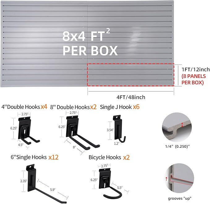 Slatwall Panels 4'x8' Garage Slat Wall Storage Systems with 26 Slatwall Accessories, PVC Grey Slat Wall Paneling for Retail Display, Garage Storage, Guitar Shop, Home Storage