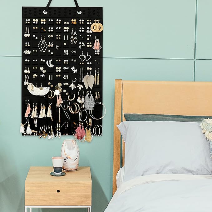 Hanging Jewelry Organizer Bag, Thickened Black Felt Storage Pouch with Multiple Pockets, Jewelry Felt Hanging Display Holder for Earrings Necklaces, Home Closet Accessory Organizer