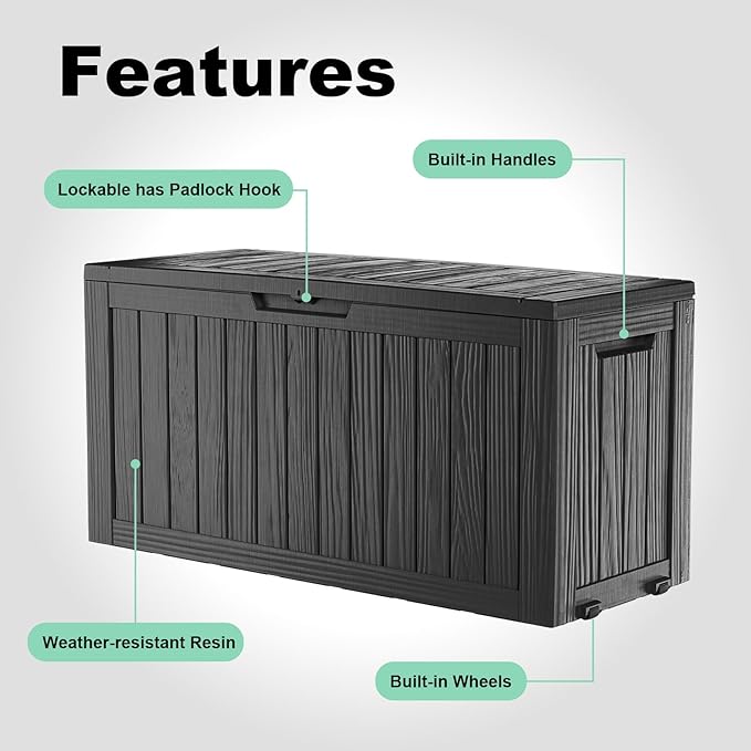 75 Gallon Outdoor Deck Box,Waterproof Resin Outdoor Storage Boxes, Outside Storage Lockable Container for Garden Tools,Indooor Cushions,Accessories (Black)