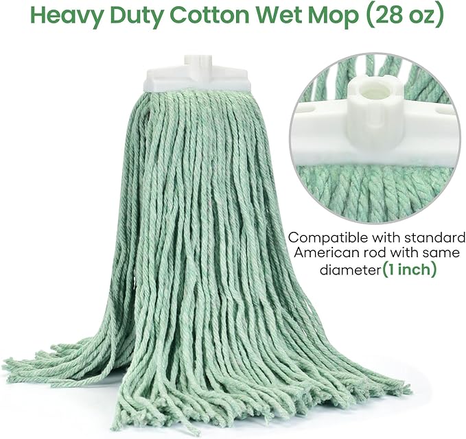 Matthew Cleaning Screw-on Heavy Duty Cotton Wet Mop Replacement Heads(Green, Large,6 Pack) with 2 Pack Microfiber Cloth for Residential & Commercial Floor Cleaning Use- Fit Standard American Screw