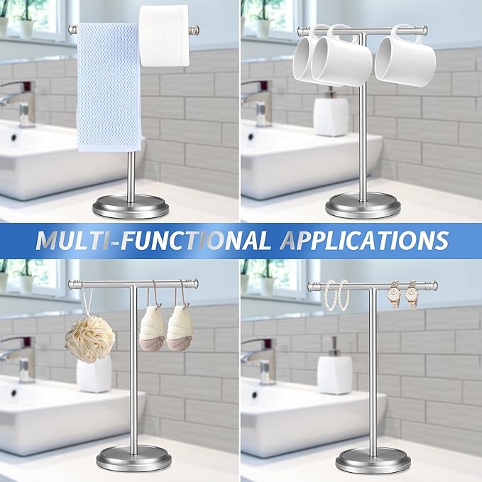Hand Towel Holder Stand, Stainless Steel Free Standing Towel Rack Stand, Rust-Proof Towel Bar for Bathroom Kitchen Countertop, Brushed Nickel, 2 Pack