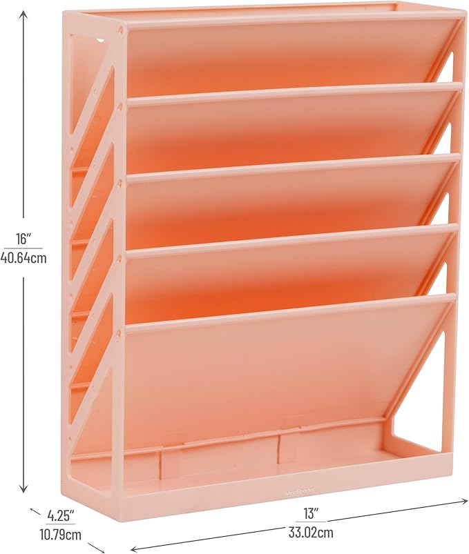 Mind Reader 5-Tier Vertical File Storage, Desktop Organizer, Wall Mount, Office, Plastic, 13"L x 4.25"W x 16"H, Pink