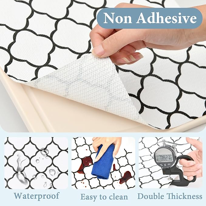 Shelf Drawer Liners for Kitchen Cabinets 17.3 x 354 Inches Non Adhesive Drawer Liner Thickened Refrigerator Liner Black Quatrefoil Strong Non-Slip Paper for Tool Box with Knife and Tape Measure