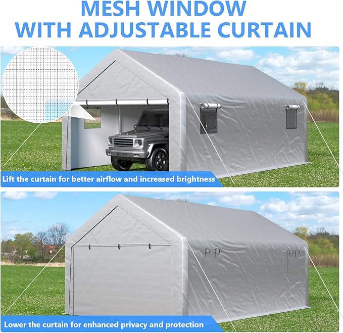 Carport 13x21 FT Enclosed Carport with Roll-up Windows, Portable Garage with Removable Sidewalls & Doors, Car Canopy Tent with Sandbags All-Season Tarp for Car Boat Truck Motorcycle