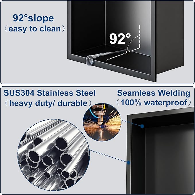 Neodrain No Tile Shower Niche Insert Tile Ready, Black Recessed Wall Niche for Shower Organizer(Inner Size 12"x24") - Stainless Steel Built-in Bathroom Shelf, No Tile Needed, Matte Black