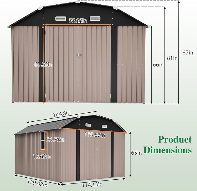 10×12 FT Outdoor Storage Shed,Heavy-Duty Metal Shed with Floor Base,All Weather Waterproof Tool Shed W/Diamond Roof & Windows,Lockable Double Door & 4 Air Vents,for Backyard,Patio,Lawn,Brown