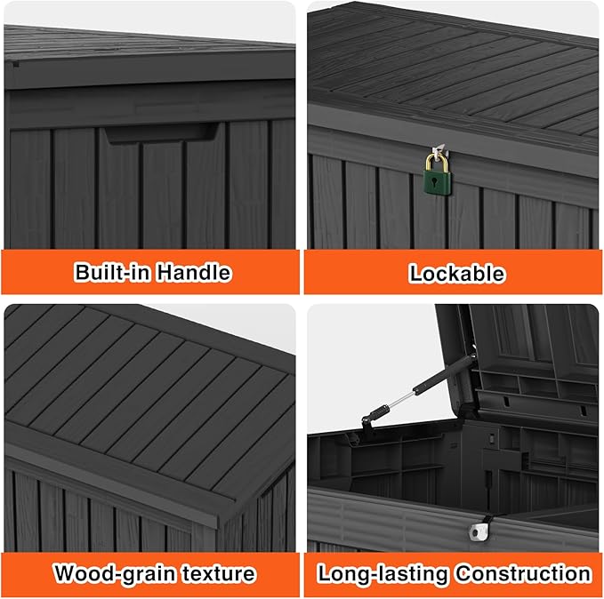 Outdoor Storage Deck Box Waterproof, 180 Gallon Large Lockable Patio Storage Bin Chest, Resin Outside Container Seat Bench for Furniture Cushions, Pool Accessories, Garden Tools & Delivery, Black