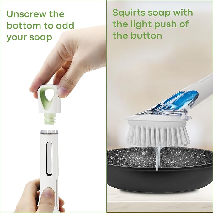RIMAY Dish Brush with Soap Dispenser, Dish Washing Brush with Handle, Soap Dispensing Dish Brush, Soap Brush for Kitchen Sink, Dish Wand Kitchen Brushes for Dishes/Pans/Pots/Sink (White)