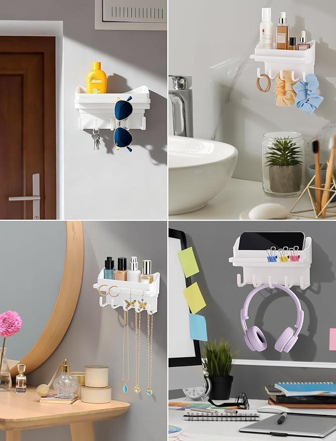 NiHome 2-Pack Multi-Functional Wall Storage Rack with Hooks, No Drill Adhesive Wall Mounted Organizer for Necklace, Jewelry, Headbands, Glasses, Vanity Accessory Shelf & Bathroom Storage Organizer