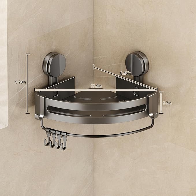 VOLPONE Shower Caddy Suction Cup, 2 Pack Corner Shower Shelves No Drilling, Showers Organizer Storage with Towel Bar & Removable Hooks, Bathroom Shower Shelf Rack for Inside Showers, Triangle