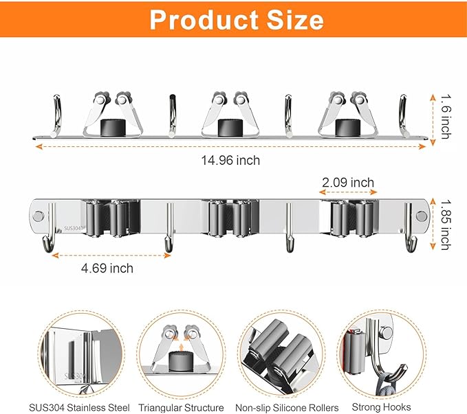 2 Pack Mop and Broom Holder Wall Mount, Non-slip Broom Hanger, Heavy Duty Mop Broom Organizer for Kitchen Garden Garage Laundry Room Wall Decor Organization and Storage Silver 3R4H