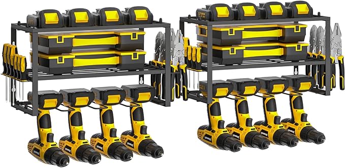 Spacecare Power Tool Organizer- Power Drill Tool Holder- Heavy Duty Tool Shelf & 2 Pack 3 Layers Tool Rack Cordless Drill Holder- Floating Tool Shelf Wall Mounted Tool Storage Rack for 8 Drill Holders
