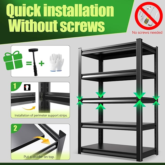 72" H Garage Shelving,Heavy Duty Garage Storage Shelves,Metal Shelving Unit,5 Tier Adjustable Steel Utility Shelf,Use for Basement,Warehouse, Pantry Closet,Black