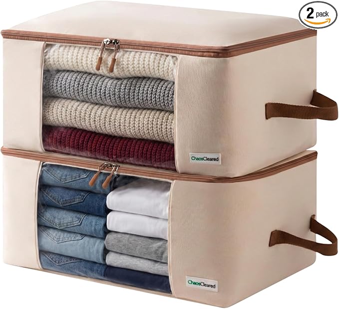 Canvas Storage Bags Designer Organizer for Clothing 2 Pack – Clothes Organizers for sweaters, clothing, garment, bedding, quilt, linens, large bag with zip & window, mothproof