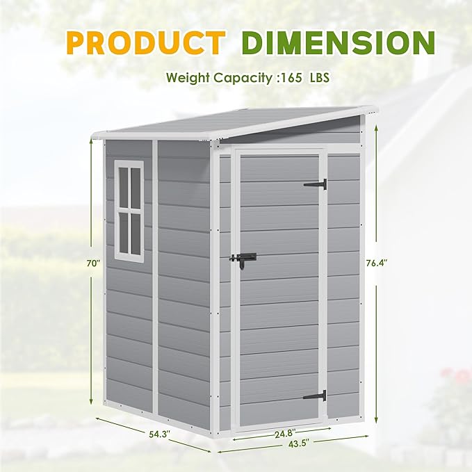 Greesum 5x4FT Plastic Outdoor Storage Shed, Resin Shed with Floor and Window, Tool Sheds with Lockable Door and Vent, for Garden, Garage, Lawn, Light Gray