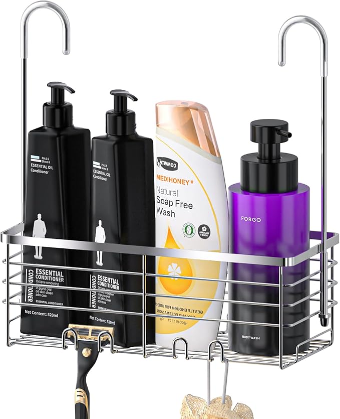 SHANSHUI Shower Hanging Caddy, Bathroom Shower Organizer Basket, Shampoo Bracket, Over Door Showers Rack with Hooks, 304 Stainless Steel Rustproof