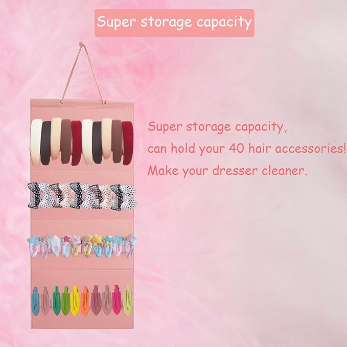 Hanging Headband Holder Organizer with 40 Elastic Loops Display Rack Wall Mounted for Home Women, Pink