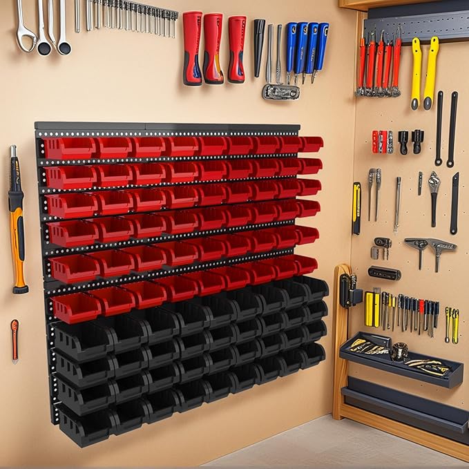‌90PCS Wall Mount Storage Bins Organizer - Adjustable Plastic Compartments for Screws/Nuts/Bolts／hardware, Perfect for Garage & Workshop Tool Organization