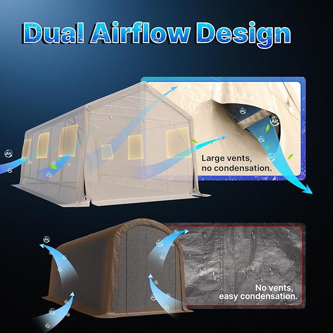 ADVANCE OUTDOOR 13x20 ft Garage Tent Carports with 2 Roll up Doors & Vents Outdoor Portable Storage Shelter for Vehicle Truck Boat Anti-UV Snow Resistant Waterproof, Beige