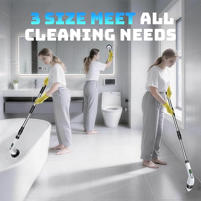 Electric Spin Scrubber, Powerful 2-Speed Cleaning Brush, IPX7 Waterproof with 7 Reusable Brush Heads & Extendable Handle, for Bathroom Toilet Shower Kitchen Wall Tile Floor Grout (White)