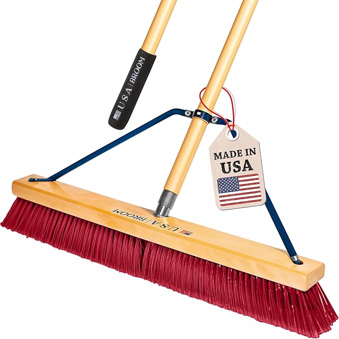 1-Pack - 24" Red Everyday Sweep Indoor/Outdoor Push Broom with 60" Handle. Ideal for Garages & Shops. Durable American Made Steel Brackets-All Stainless Steel Hardware. No Plastic. 100% USA Made