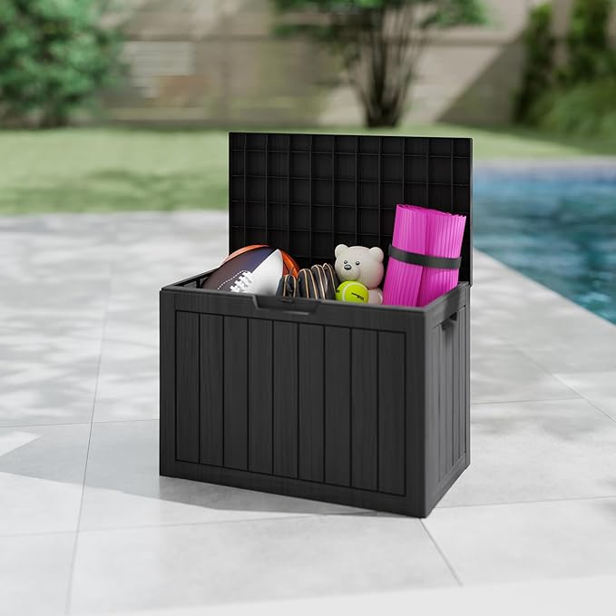 45 Gallon Deck Box Plus,Outdoor Storage Box Lockable,Waterproof for Patio Furniture, Garden Tools, Pool Accessories, Package Delivery Boxes For Outside, Black