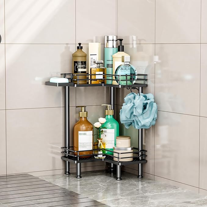 HapiRm Corner Shower Caddy Standing - 2 Tier Shower Organizer Corner with Soap Holder, Rustproof Bathroom Standing Organizer with 2 Hooks, Black