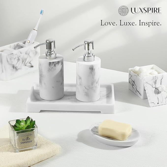 Luxspire Resin Vanity Tray, Bathroom Toilet Tank Storage Tray, 10.03 x 5.9 in Kitchen Sink Trays Decorative Serving Tray, Vanity Countertop Organizer for Makeup Towel Perfume Holder, M, White Marble