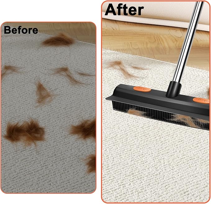 FUNNSOO Rubber Broom with Squeegee for Pet Hair Removal, 52" Adjustable Carpet Rake, Reusable Floor & Carpet Cleaning Tool, Includes Microfiber Cloth and Pet Hair Comb