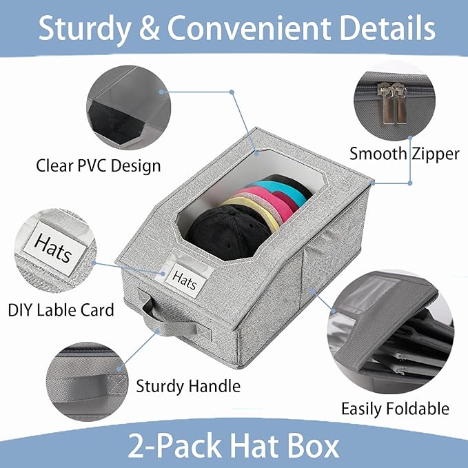 2 Pcs Stackable Baseball Cap Organizer, Washable Odorless Oxford Cloth with Smooth Durable Metal Zipper, Clear Window Holds 24 Caps, Hat Box for Closet/Home (Grey, Small 12.1 x 8.7 x 6.7 inches)
