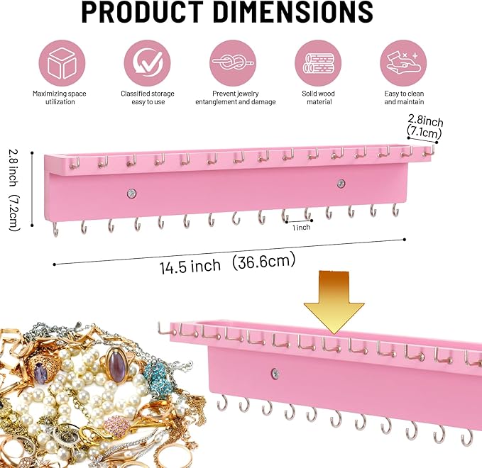 Necklace Holder Organizer Wall Mount,Jewelry Holder Organizer with 30 Hooks,Oak Jewelry Organizer and Storage for Necklaces,Bracelets and Rings (Pink)