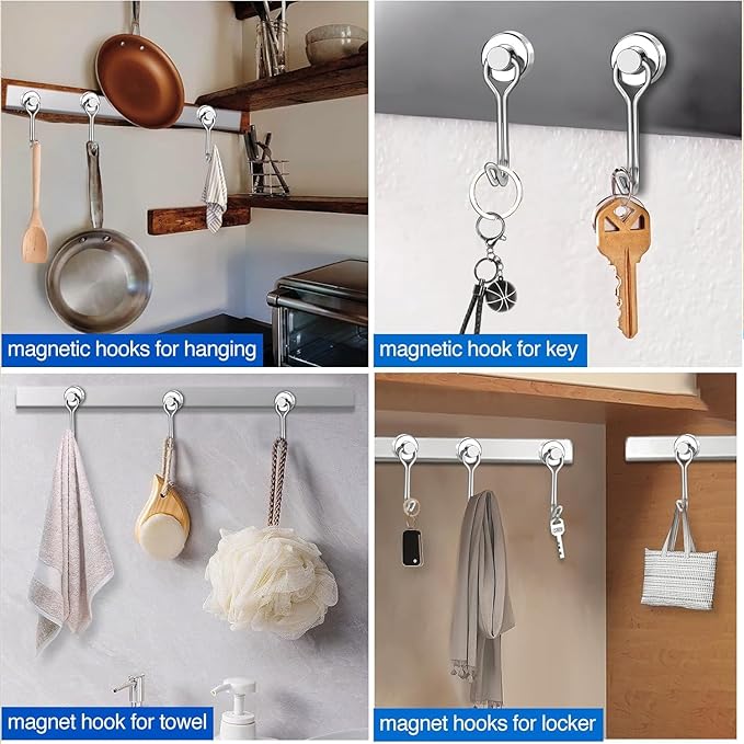 LOVIMAG Hooks, 30lbs+ Magnetic Magnet Hook 2025 Cruise Cabin Ship Essentials Heavy Duty Strong Refrigerator Fridge Hanging for Classroom Beach Vacation Kitchen Grills Home Mug Hanger (6 Pack), Silver