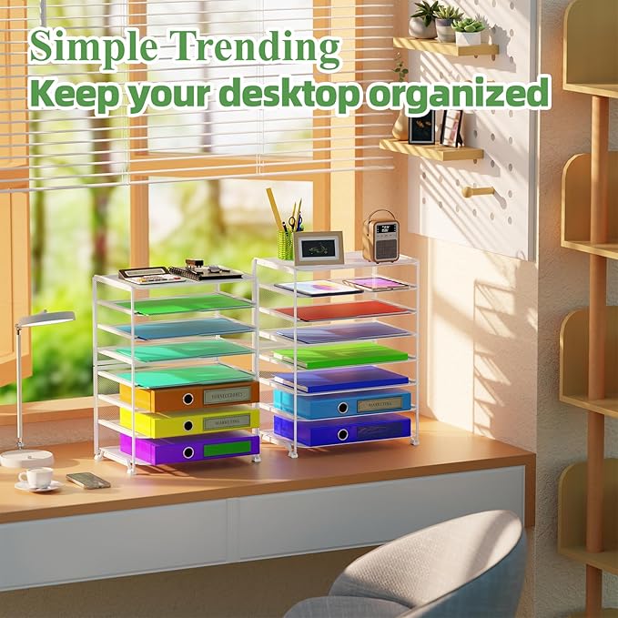 Simple Trending 2 Pack 8 Tier Letter Tray Paper - Mesh Desk File Organizer for Office School Desktop, White