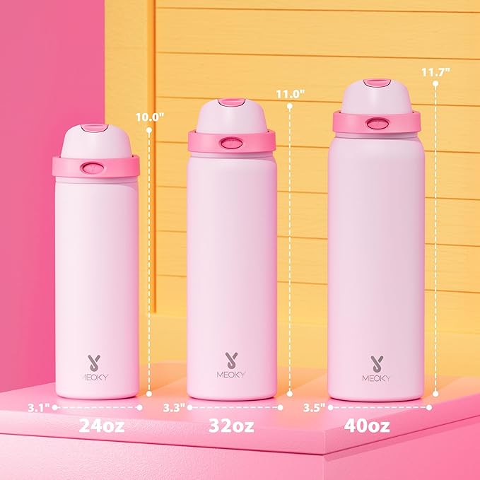 32 oz Insulated Water Bottle for Sports: Meoky Stainless Steel Water Bottle with 2-in-1 Straw and Spout Lid - Leak Proof, Cold for 24 Hours, Protective Silicone Base, BPA-Free for Women Gym, Blush