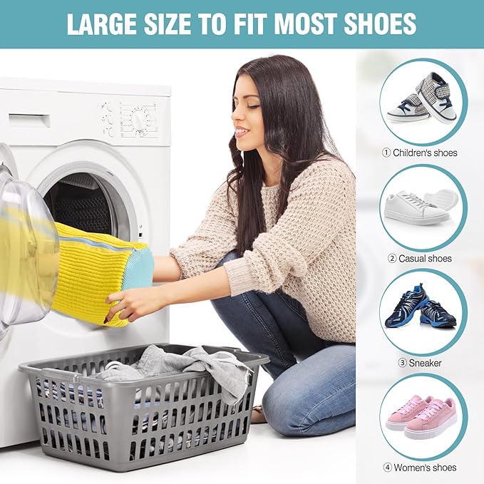 Shoe Washing Machine Bag, Shoe Laundry Bag for Washer and Dryer, Include Dry Net Bag, Reusable and Durable Zipper with Hook Design, Shoe Washing Bag for Sneaker (Yellow, 1 Pack)