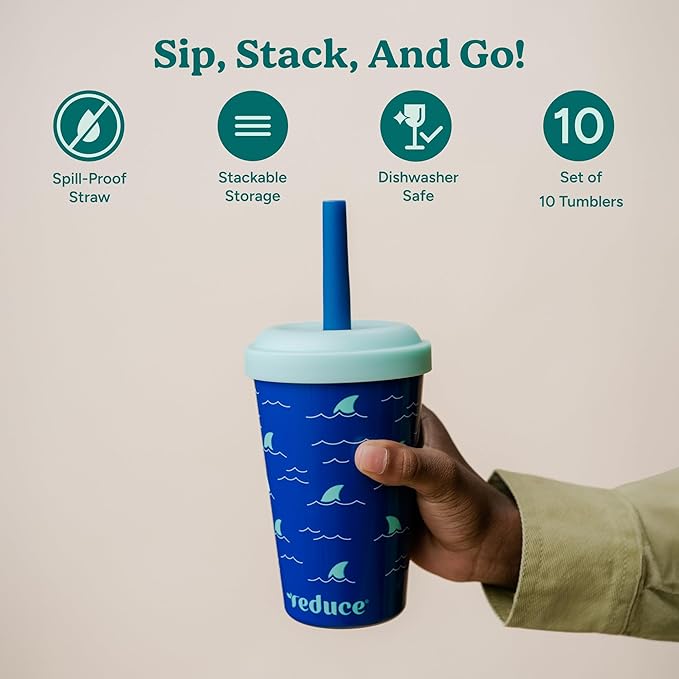 REDUCE GoGo's Kids Portable Tumbler Cups with Lids and Spill-Proof Straws - 10 Pack of Stackable 12 oz Tumblers with Twist-On Lids - Easy Storage, Dishwasher Safe - Club House